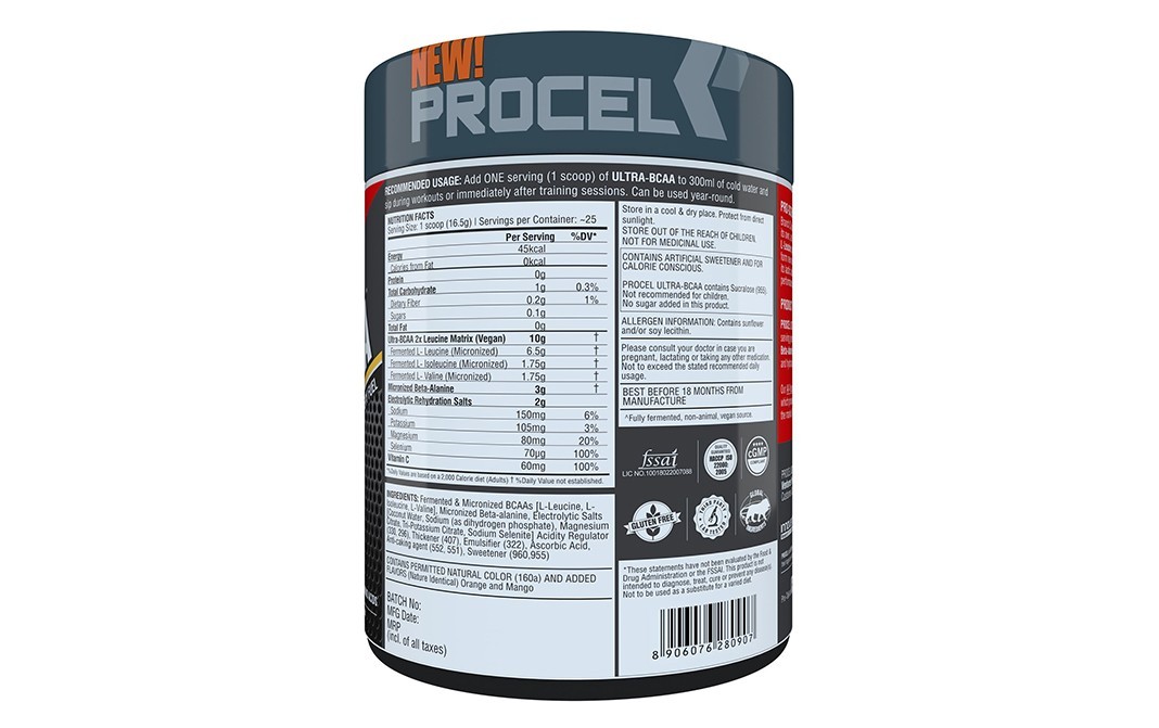 Procel Ultra-BCAA Orange-Mango Flavor    Plastic Jar  400 grams